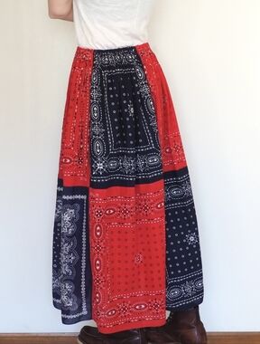 Vintage Bandana Skirt Blue Red Fast Color Selvedge Western Maxi Rodeo Festival